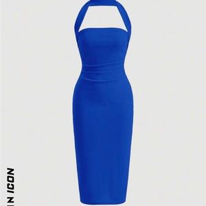 SHEIN Icon Solid Ruched Halter Neck Backless Dress
